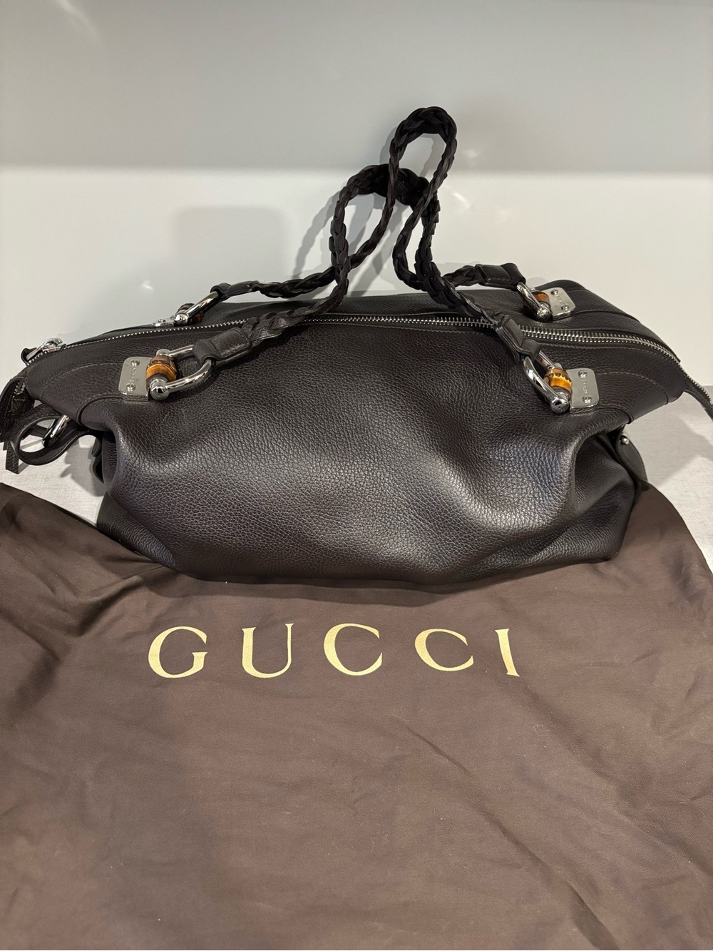 Gucci Bamboo Bar Hobo Leather Shoulder Bag with Braided Handles - Brown